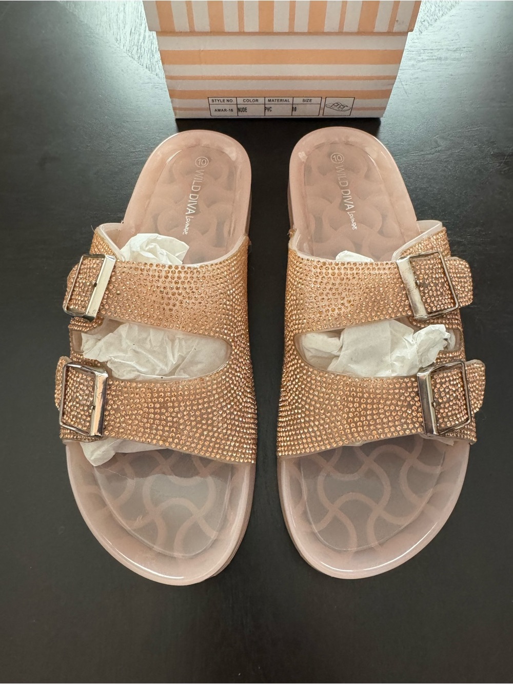 Rose Gold Rhinestone Double-Buckle Slide Sandals